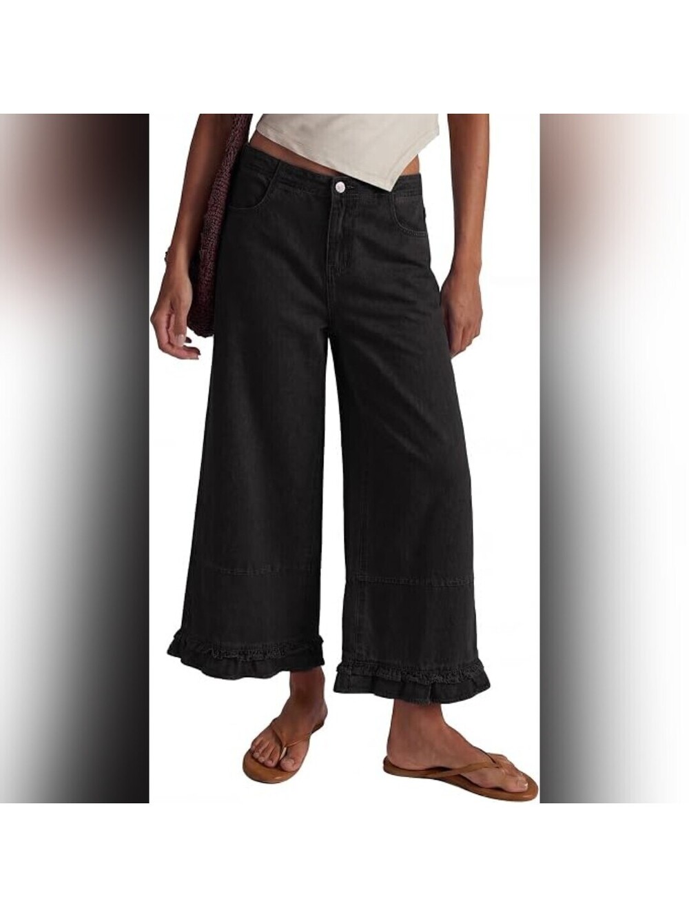 NWT EVALESS Women's Wide Leg Ruffle Hem Denim Jeans, Black, 4